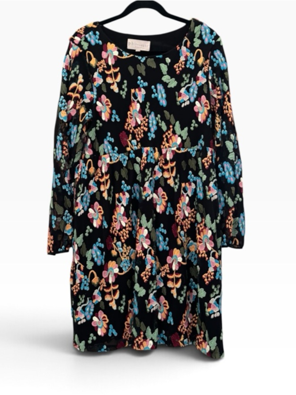Philosophy Black Embroidered Floral Dress Size Large (L)